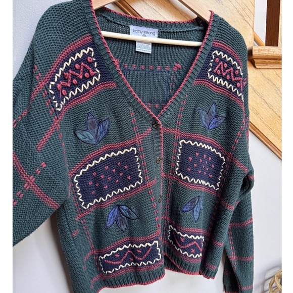 VTG Kathy Ireland Plaid Patch Sweater Cardigan L Embroidered Leaf Heritage - Picture 3 of 12